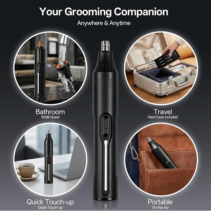 Rechargeable Nose Hair Trimmer - 4-in-1 Ear Eyebrow Beard Grooming Kit for Men & Women, Waterproof Quiet Motor, Fast Charging | 11000 RPM | Portable Travel Size Nose Trimmer Beard Trimmer (Black)
