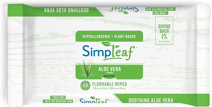 Simpleaf Flushable Wet Wipes Aloe Vera | Plastic Free, Paraben & Alcohol Free | Hypoallergenic & Safe for Sensitive Skin | Soothing Aloe Formula | Adult Toilet Wipes (12 x 50 Counts Pack) 600 Counts