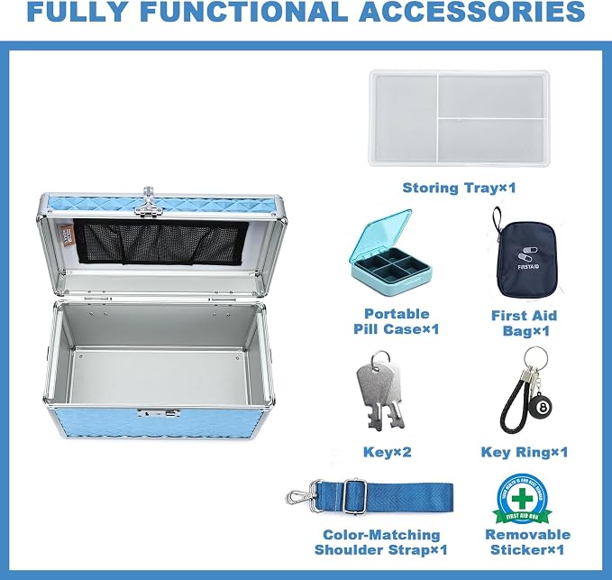 Storage Box with Key Lock, Lockable Medicine Storage Box, Empty First Aid Box, Security Lock Box, Multipurpose Locking Box for Home and Outdoor Use (Blue, Large)