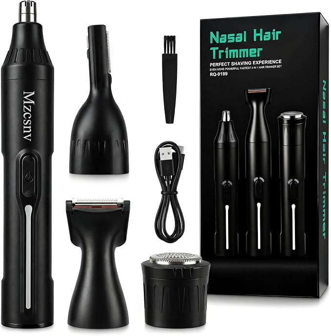 Rechargeable Nose Hair Trimmer - 4-in-1 Ear Eyebrow Beard Grooming Kit for Men & Women, Waterproof Quiet Motor, Fast Charging | 11000 RPM | Portable Travel Size Nose Trimmer Beard Trimmer (Black)