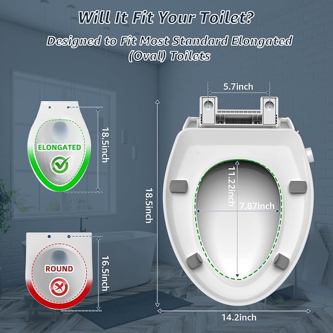Huttdmel Raised Bidet Toilet Seat Elongated 18.5" – Soft Close, Dual Self-Cleaning Nozzles, Quick Release & Connect, Sturdy PP, Won't Loosen, Ideal for Seniors, Elderly & Limited Mobility, White