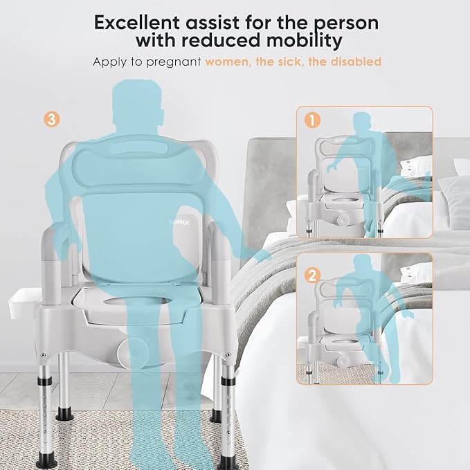 Bedside Commode Chair for Adults, 3-in-1 Commode Toilet for Elderly & Disabled, Portable Potty Chair with Bucket & Lid for Bedroom, Post Surgery & Home Care (GreyWhite)