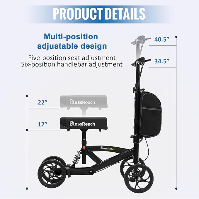 Steerable Knee Walker Deluxe Medical Scooter for Foot Injuries Compact Crutches, with Dual Rear on-Wheel Brake and Shock Absorption Under The Knee pad, Black