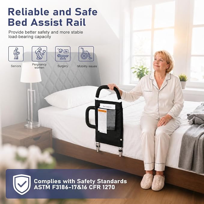 Bed Rails for Elderly Adults - Bed Assist Rail with 2 Non-Slip Grab Bars & Storage Pocket, Easy In & Out Bed, Anti-Fall Bed Railings for Seniors, 300 LBS Load Capacity