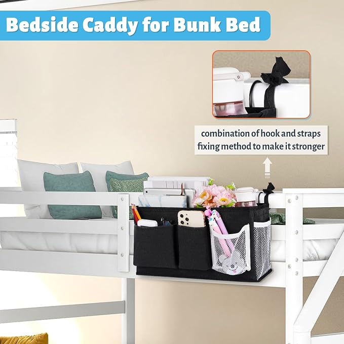 Bedside Caddy, Bedside Storage Bag Hanging Organizer for Bunk Dorm Bed Rail | Bed Caddy with Hooks, Top Bunks and Dorm Essentials for Water, Tissues, Tablets, Books, Phones, Remotes and Other Necessories
