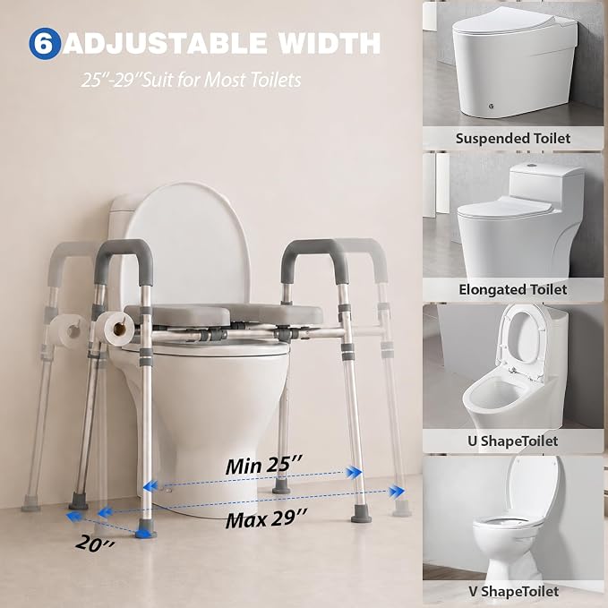 Raised Toilet Seat with Handles, Gray | Adjustable Height & Width, 400lbs Capacity, Padded, For Seniors, Disabled, Post-Surgery, Fits Most Toilets