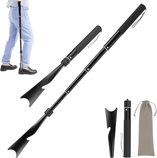 Shoe Horn Long Handle, 16.9'' - 37.4'' Telescopic Metal Shoe Horn with Trouser Hook and Sock Removal Aid, Adjustable Long Shoehorn for Seniors Men Women Kids