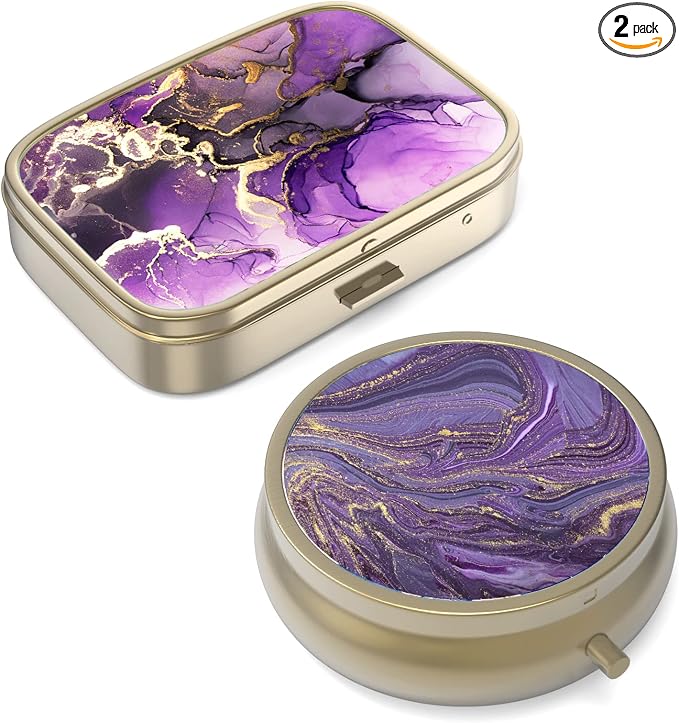 Pill Case Pill Box with Mirror Retro Small Pill Case for Purse or Pocket Bronze Pill Box or Vitamins, Fish Oil, Supplements, Pill Containe Travel Gifts（2PCS-）