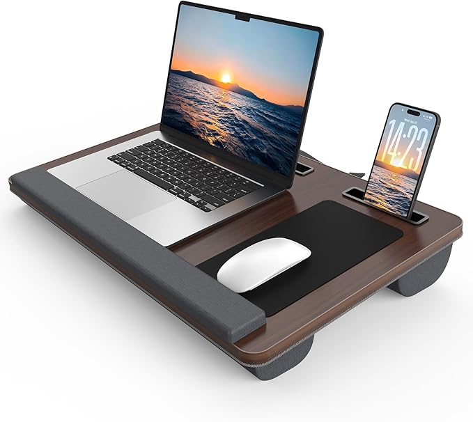 HETTHI Lap Desk with Cushion, Large Laptop Desk for Adults, Up to 17" Laptop Tray for Bed with Wrist Rest, 2 Self-Adhesive Mouse Pads, Portable Handle, Tablet Phone Slot (Dark Brown)