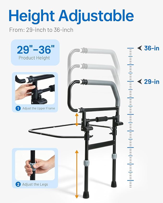 Safety Bed Rail for Elderly Adults - Foldable Bed Assist Rail with Adjustable Height & Storage Pocket, Bedside Support Handle for Seniors, Post Surgery Recovery & Fall Prevention