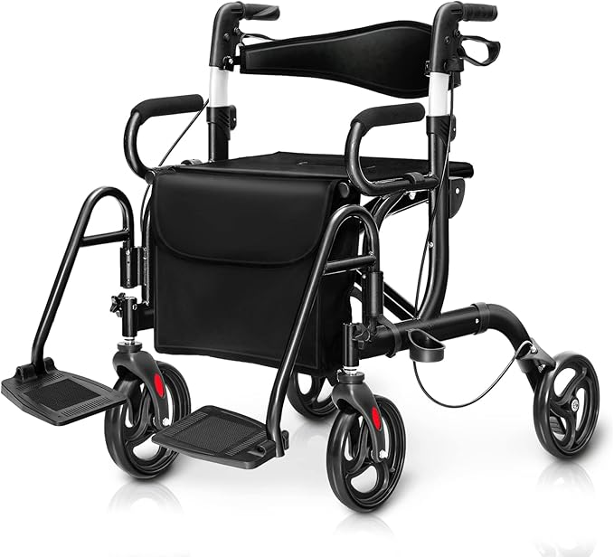 Goplus 2 in 1 Rollator Walker for Seniors, Medical Walker with Seat, Folding Transport Wheelchair Rollator with 8" Wheels, Reversible Backrest, Footrests, Aluminum Mobility Walking Aid (Black)