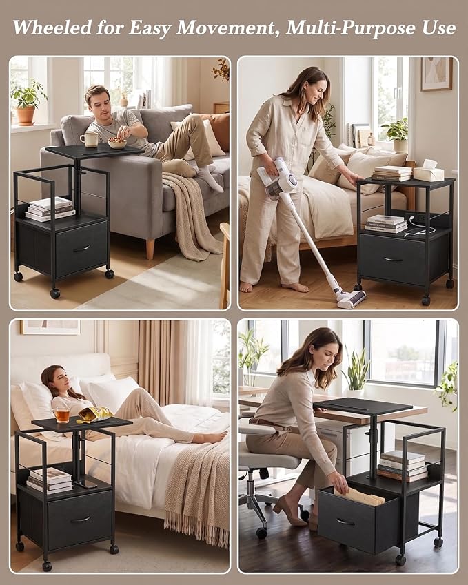 Faesun Swivel Lift Top Nightstand with Charging Station, Rolling Side Table for Recliner, Bedside Table with Wheels & a Fabric Drawer, for Small Spaces, for Bedroom, Living Room, Black
