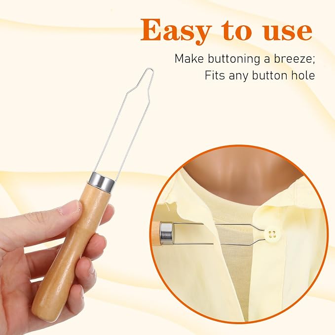 3 Pack Button Hook for Seniors | Button Assist Device with Easy-Grip Wooden Handle for Shirts, Coats, Assistance Products for Arthritis & Limited Dexterity