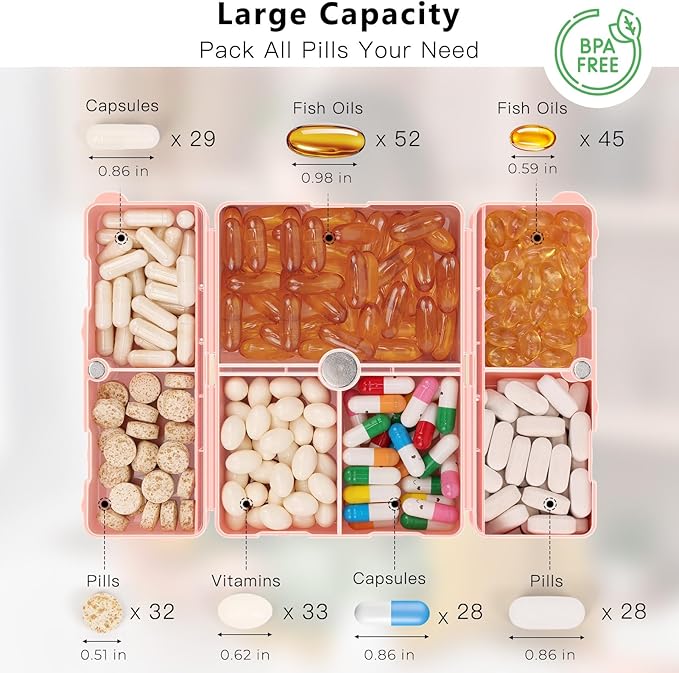 FYY Daily Pill Organizer,2 Pcs 7 Compartments Portable Pill Case Travel Pill Organizer,[Folding Design] Pill Box for Purse Pocket to Hold Vitamins,Cod Liver Oil,Supplements and Medication-Pink+Navy