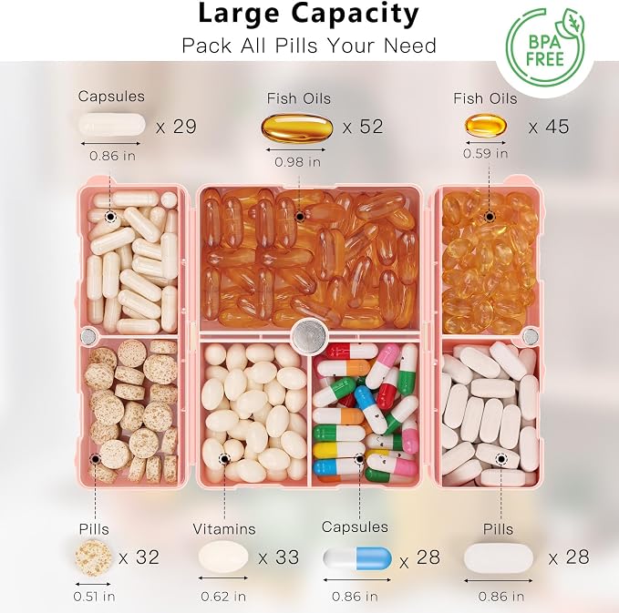 FYY Daily Pill Organizer,2 Pcs 7 Compartments Portable Pill Case Travel,Folding Design Pill Box for Purse Pocket to Hold Vitamins,Cod Liver Oil,Supplements and Medication-Pink
