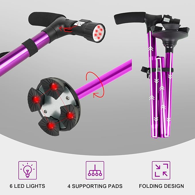 Folding Cane with Led Light, Adjustable Canes for Men and Women, Walking Stick for Elderly with Cushion Handle and Pivoting Quad Base for Hiking Mountain Climbing Backpacker…