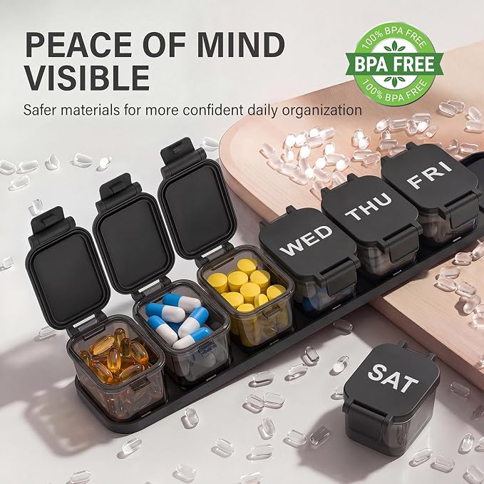Yaklim Extra Large Weekly Pill Organizer - Waterproof 7-Day Pill Box, Portable Vitamin & Supplement Case, Easy to Open Design, Ideal for Travel and Daily Medication Management (Black)