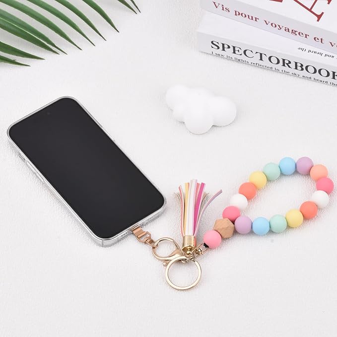 BAOSIWA Silicone Key Ring Bracelet Wristlet Keychain Unique Beaded Bangle Key Chains for Women with Leather Tassel