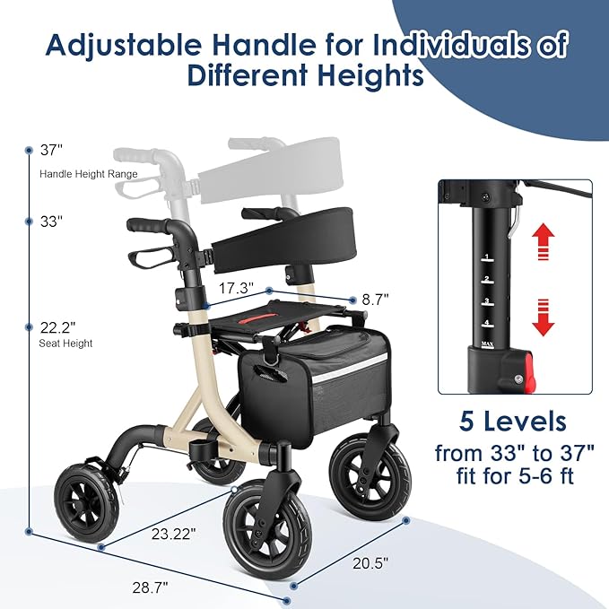 Walkers for Seniors, Rollator Walker with Seat, 10" Rubber Wheels All Terrain Rollator Walker with Backrest, Aluminum Walkers Built-in Cable, Foldable and Adjustable Height for Seniors, Beige