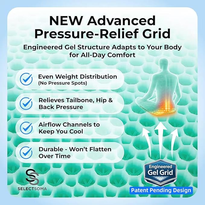 SelectSoma Gel Seat Cushion for Long Sitting, Pressure Relief for Sciatica, Tailbone, Coccyx & Back Pain, Office Chair, Wheelchair, Car & Truck – Standard Size Mint Green Gel