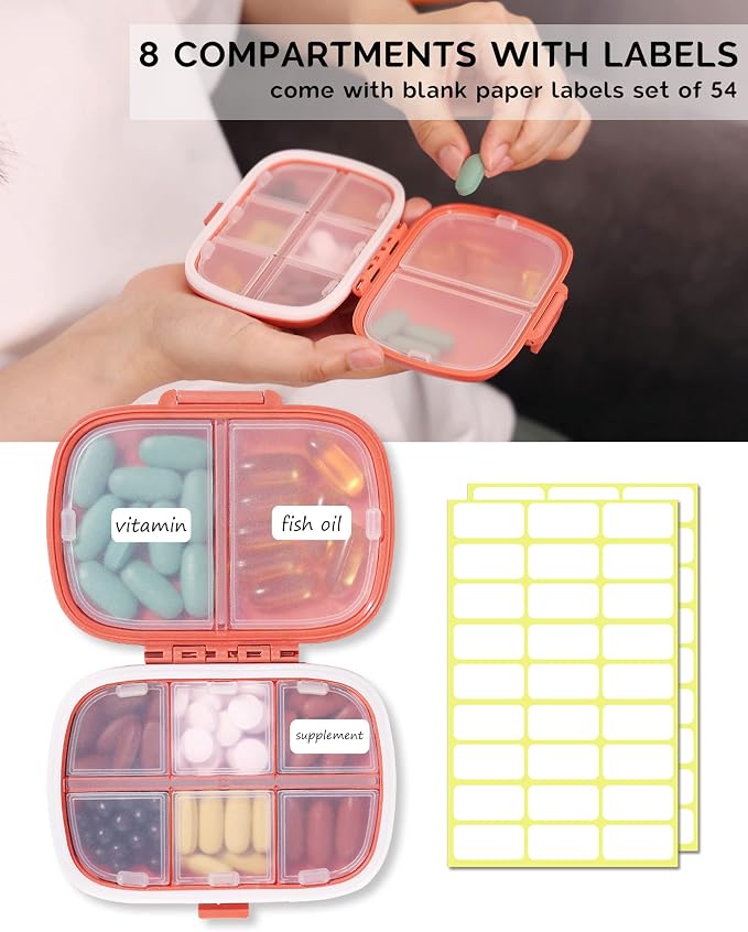 MEACOLIA 3 Pack 8 Compartments Travel Pill Organizer, Daily Pill Case Small Pill Box for Pocket Purse, Portable Pill Container Medicine Vitamin Organizer (Dark Blue, Red, Yellow)