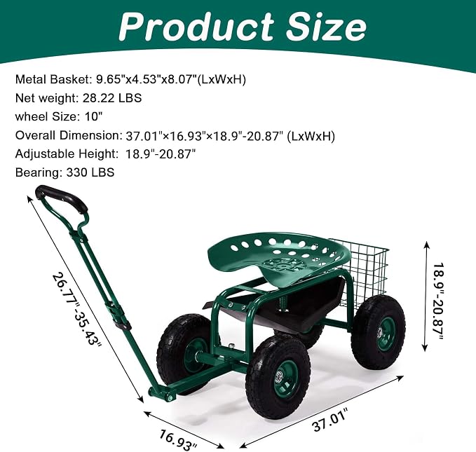 VINGLI Garden Cart with Rolling Seat, Wheels, Adjustable Steering Handle & Utility Tool Tray, Planting Wagon Scooter, Gardening Tool for Senior, for Patio, Backyard, Lawn & Outdoor (Green)