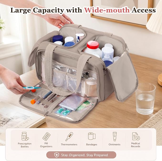 Travel Medicine Storage Bag with 2 Compartments, Wide-Mouth Medical Organizer, Puffy Lightweight First Aid Bag for Prescription Bottles, Pill Cases, Medical Supplies & Family Emergency Essentials