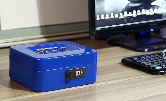 Jssmst Medium Cash Box with Combination Lock-Durable Metal Cash Box with Money Tray Blue, 7.87 x 6.3 x 3.35 inches, CB0702M