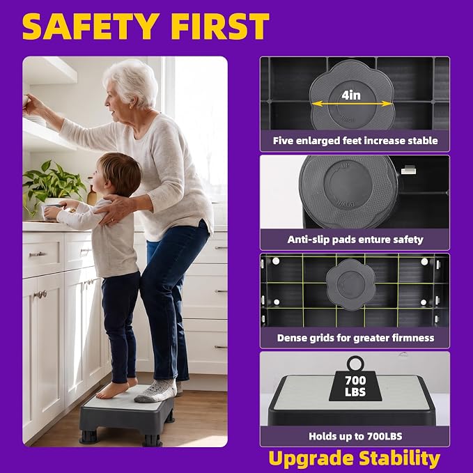 Adjustable Step Stool, 700 LBS Capacity Safety Bed Step for Seniors, Exercise Setp Platform, Portable Stair Assist for Elderly, Wide Step up for Kitchen, Car, Bedside & Shower, White