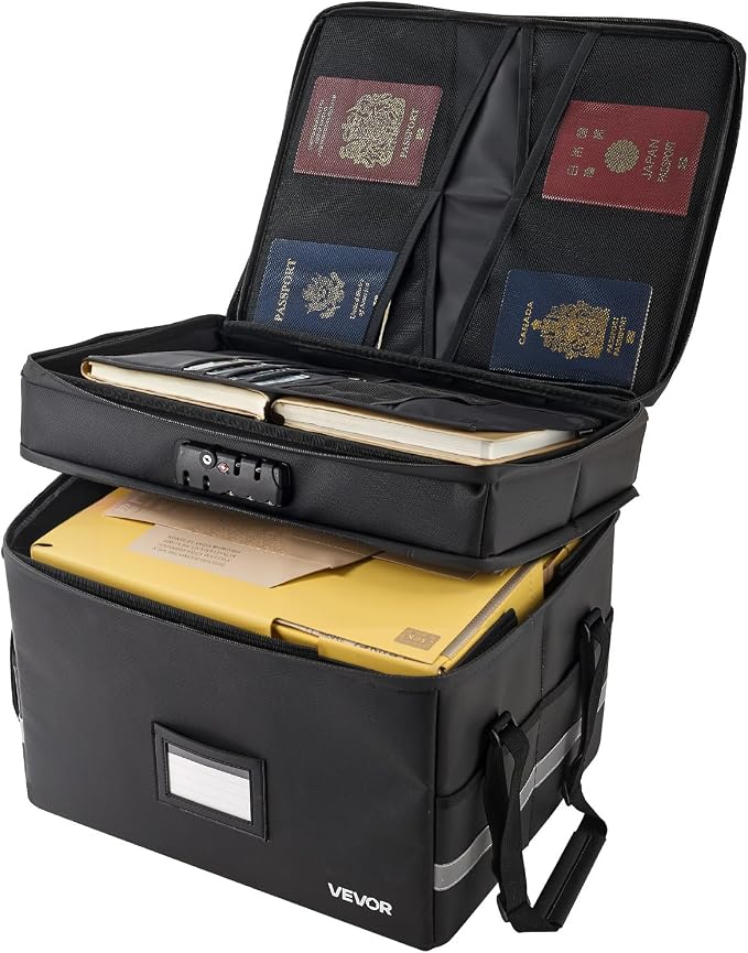 VEVOR Fireproof Document Box, 1832 ℉ Heat Insulated Fireproof & Waterproof Box with Lock, Portable Two-Layer File Storage Organizer Home Office Travel Use, for Passports, Important Documents, Files
