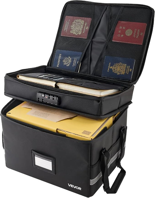VEVOR Fireproof Document Box, 1832 ℉ Heat Insulated Fireproof & Waterproof Box with Lock, Portable Two-Layer File Storage Organizer Home Office Travel Use, for Passports, Important Documents, Files