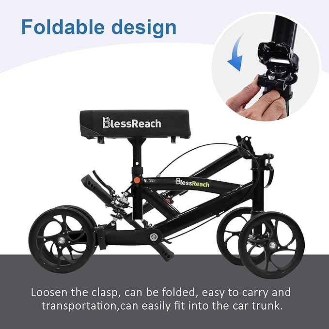 Steerable Knee Walker Deluxe Medical Scooter for Foot Injuries Compact Crutches, with Dual Rear on-Wheel Brake and Shock Absorption Under The Knee pad, Black