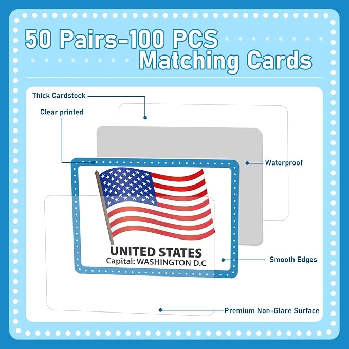 gisgfim 100 PCS Memory Matching Game Flags of The World Concentration Memory Card for Kids and Adults Learning Educational A Fun & Fast Countries of The World Matching Games