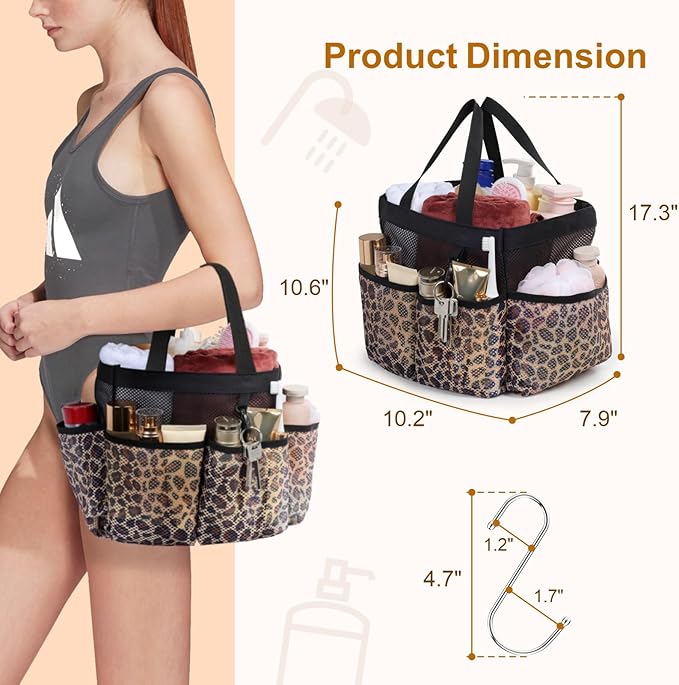 Mesh Shower Caddy Portable - 8 Pockets, S-Hook, Shower Bag for Dorm Camping | 2-Handle, Quick-Dry, Hanging Toiletry Organizer, College Dorm Room Essentials for Girls, Gym, Travel & Bathroom, Leopard