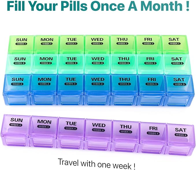Sukuos Monthly Pill Organizer 4 Week, Large Pill Box Moisture/Dust-Proof Cases for Month Vitamin/Fish Oil/Supplements with Clear Lid, Easy to Open & Clean