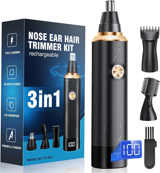 Nose Hair Trimmer for Men, 3-in-1 Professional Painless USB-C Rechargeable Eyebrow & Facial Nose Trimmer for Men Women, LED Display Trimmer with Powerful Motor and Dual-Edge Blades, Gold
