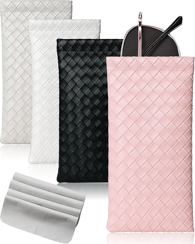 4 Pcs Squeeze Top Sunglass Case with Cleaning Cloth, Soft Leather Eyeglass Case Portable Sunglasses Pouch