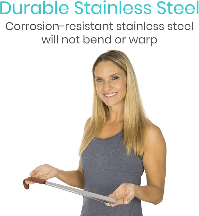 Vive Long Shoe Horn - Metal Shoehorn for Men, Women, Kids, Travel, Boots - Dress Assist, Large Extended Mobility Reach Stainless Steel Leather Handle - Handicap, Elderly Senior, Pregnancy (16.5 Inch) | Dress Assist, Large Extended Mobility Reach Stainl...
