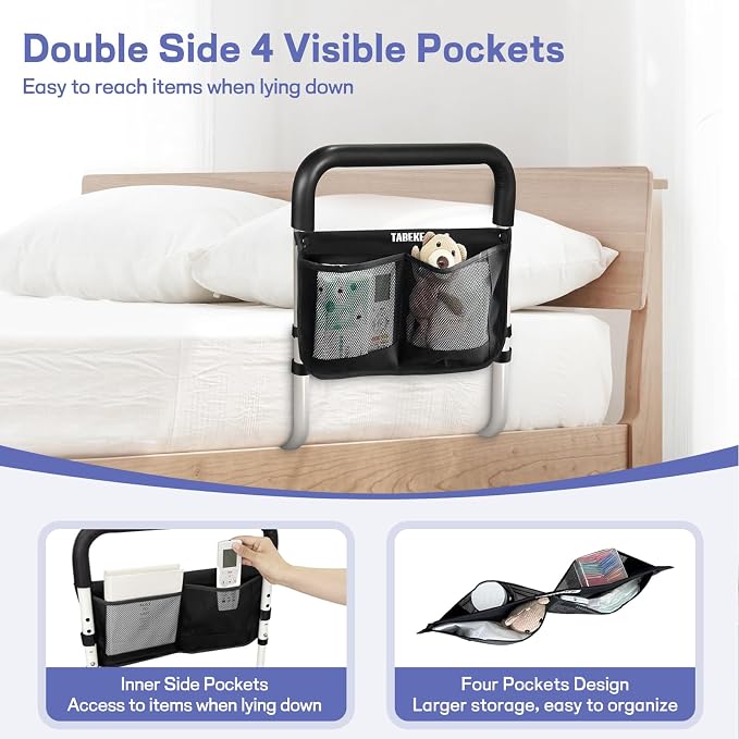 Bed Rails for Elderly Adults, Adjustable Bed Assist Rails for Seniors, Portable Bed Support Bar Mobility Assistant with Foam Handle & Double Side Storage Bag Fits King, Queen, Full, Twin Bed