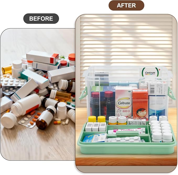 2 Pack Clear Medicine Organizer Storage Box with Handle & Tray - Thickened Plastic Empty First Aid Box, Multipurpose Medical Container with Lids/Labels, Medication Caddy for Home, Baby, Elderly, Dorm