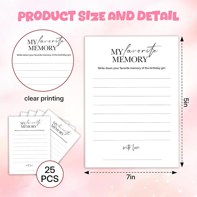 Birthday Party Games, My Favorite Memory, 25 Pcs Card Set for Guests, Fun Birthday Game for Teen Adults – A06