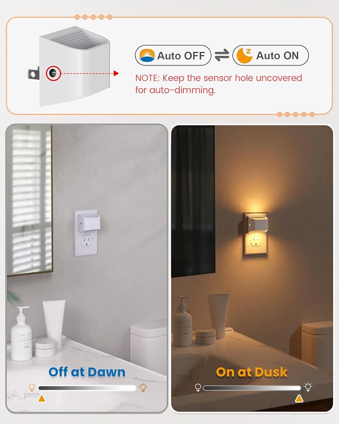 NIORSUN Plug in Night Light, Auto Brightness Sensor Night Light, 3000K Warm White, Ultra-Slim Wall Light for Hallway Bathroom Bedroom Stairs, White, 6 Pack