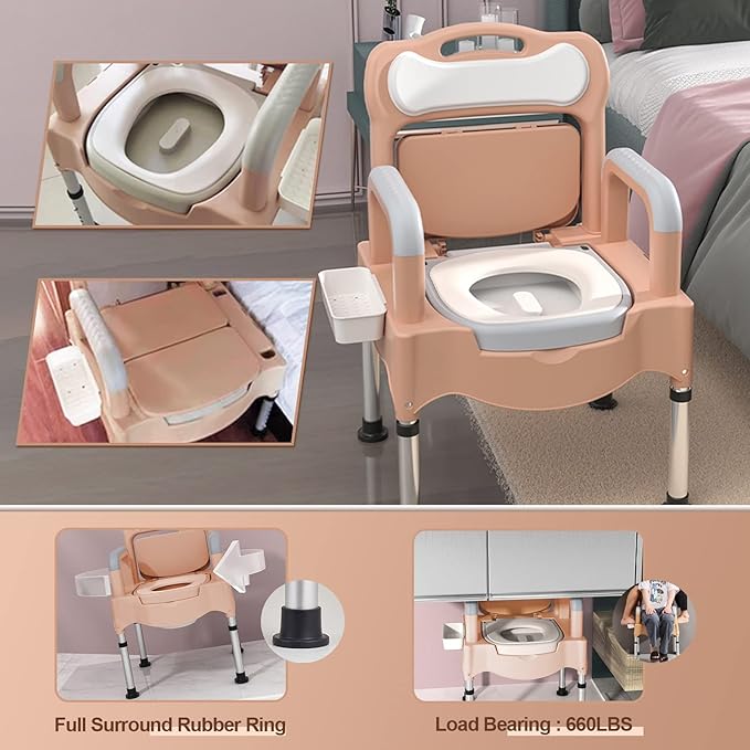 Bedside Commodes, 16" Toilet Chair Seat with Handles, Adjustable Mobile Portable Toilets, Anti-Slip and Anti-Rollover, Adult Potty Chair Load 660 Lb for Seniors Disabilities Elderly & Others
