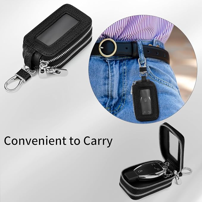 SENDEFN Car Key Fob Case Double Zipper Leather Smart Remote Keychain Protector Holder with Transparent Window