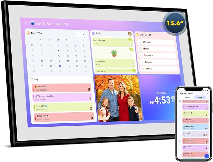 15.6" Digital Calendar Smart Chore Chart & Electronic Planner | IPS Touchscreen Sync Google/iCloud Meal Planner,Wall/Desk Mount Digital Photo Frame Gift for Mom Black