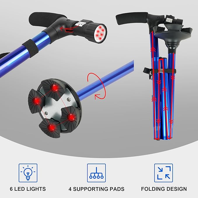 Folding Cane with Led Light, Adjustable Canes for Men and Women, Walking Stick for Elderly with Cushion Handle and Pivoting Quad Base for Hiking Mountain Climbing Backpacker…