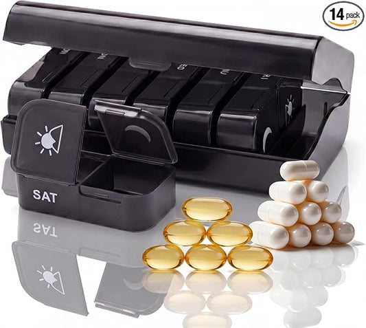 Weekly Pill Organizer 2 Times a Day, AP PM Pill Box，Detachable Pill Case | Food-Grade Material,Travel-Friendly,7 Day Pill Container Medium,Compartment holds up to 6 fish oil or 10 vitamin-Black