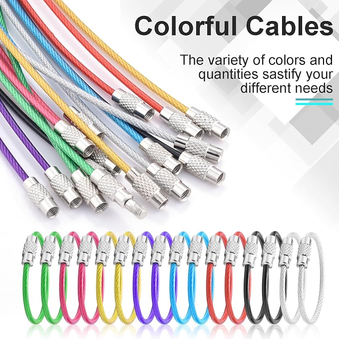 CooBigo 16 Pack Cable Key Ring 4 Inch Luggage Tag Loops Wire Key Chain Cable 2mm Key rings for Car Keys Wire Keychain Dog Tag Ring - Assorted Color