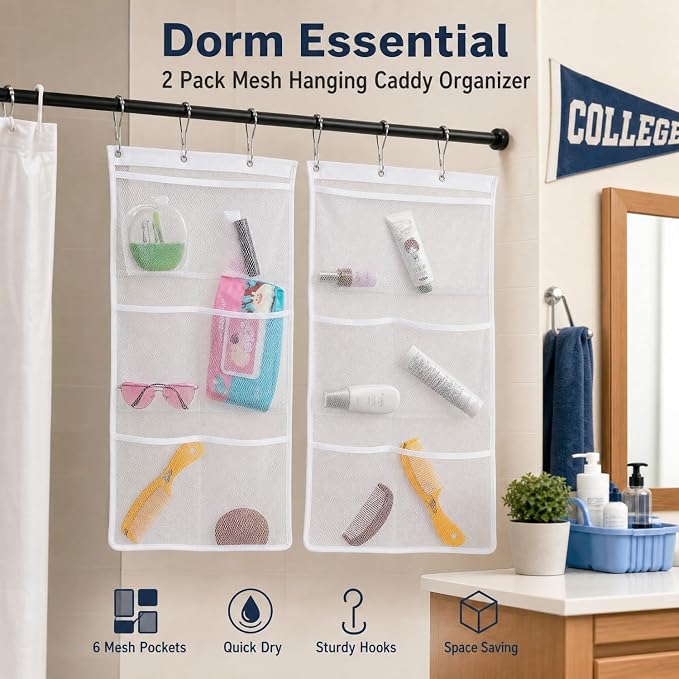 Bsagve 2 Pack Mesh Hanging Caddy Organizer with 6 Pockets, Shower Curtain Rod Liner Hanging Storage Pockets Bathroom Hanger, Bath Toy Holder