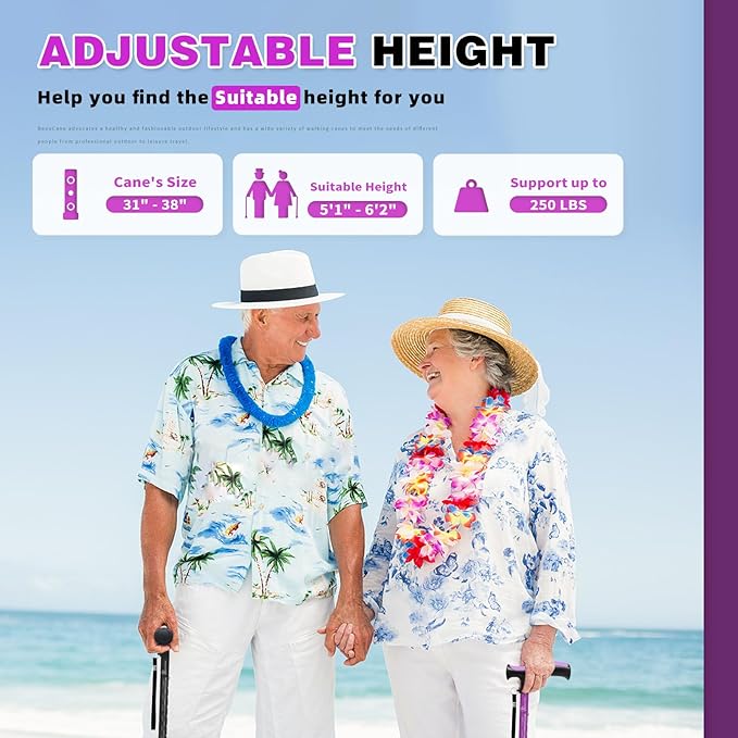 BeneCane Walking Cane for Men & Women Walking Stick for Seniors Folding Canes Quad Cane Adjustable Lightweight Sturdy Collapsible Heavy Duty with Soft TPR T-Handle and Travel Bag